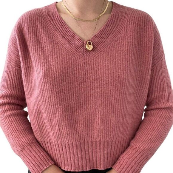 Saks Fifth Avenue Womens Pink 100% Cashmere Soft V Neck Ribbed Sweater Sz L - Picture 4 of 7
